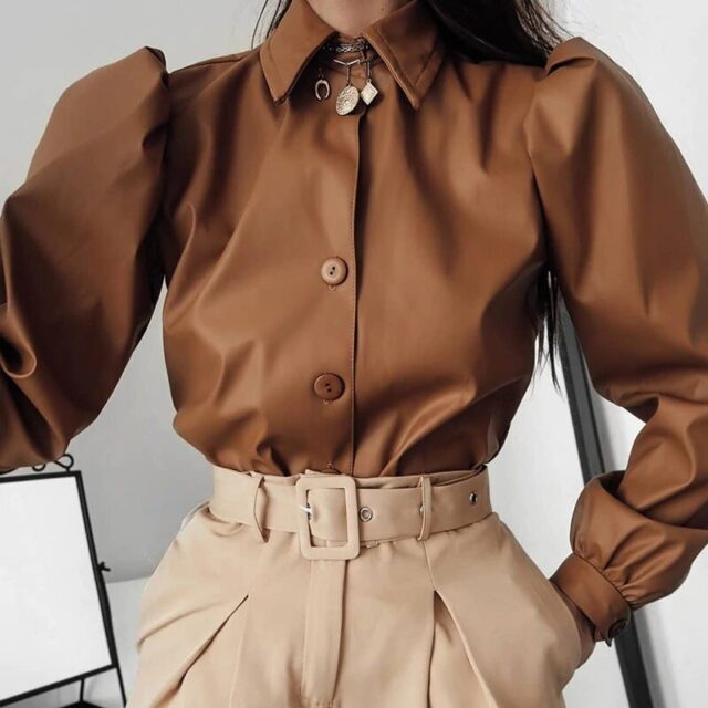 faux leather blouse with buttons and collar